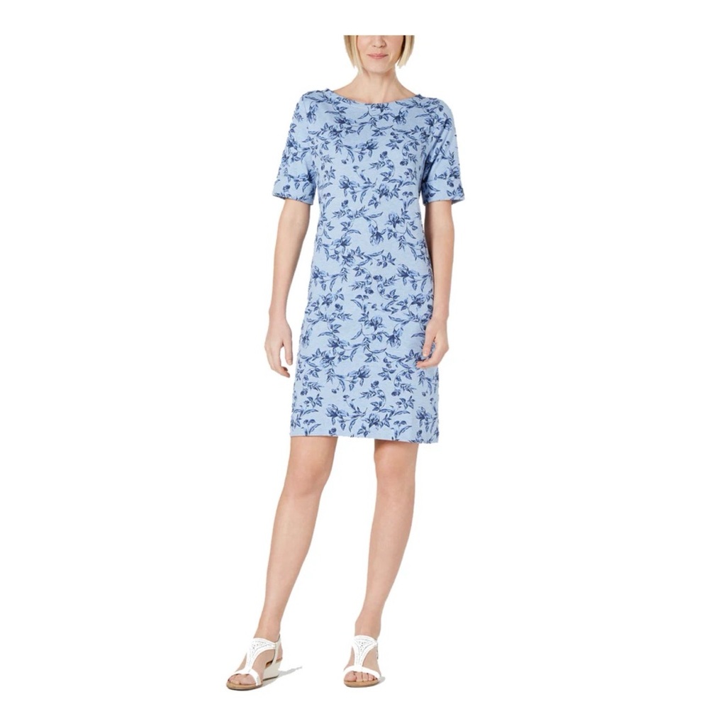 Karen Scott Sport Knit Shirt Midi Dress Sz Small Floral Blue Beach Boat Neck